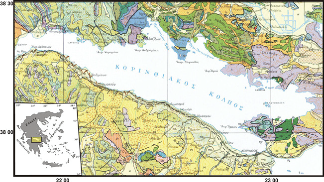 Εικ. 1: Γεωλογικός χάρτης του Κορινθιακού κόλπου (απόσπασμα από το γεωλογικό χάρτη της Ελλάδος, 1:500.000, ΙΓΜΕ, 1983). Στον ένθετο χάρτη της Ελλάδος σημειώνεται η θέση του Κορινθιακού κόλπου.